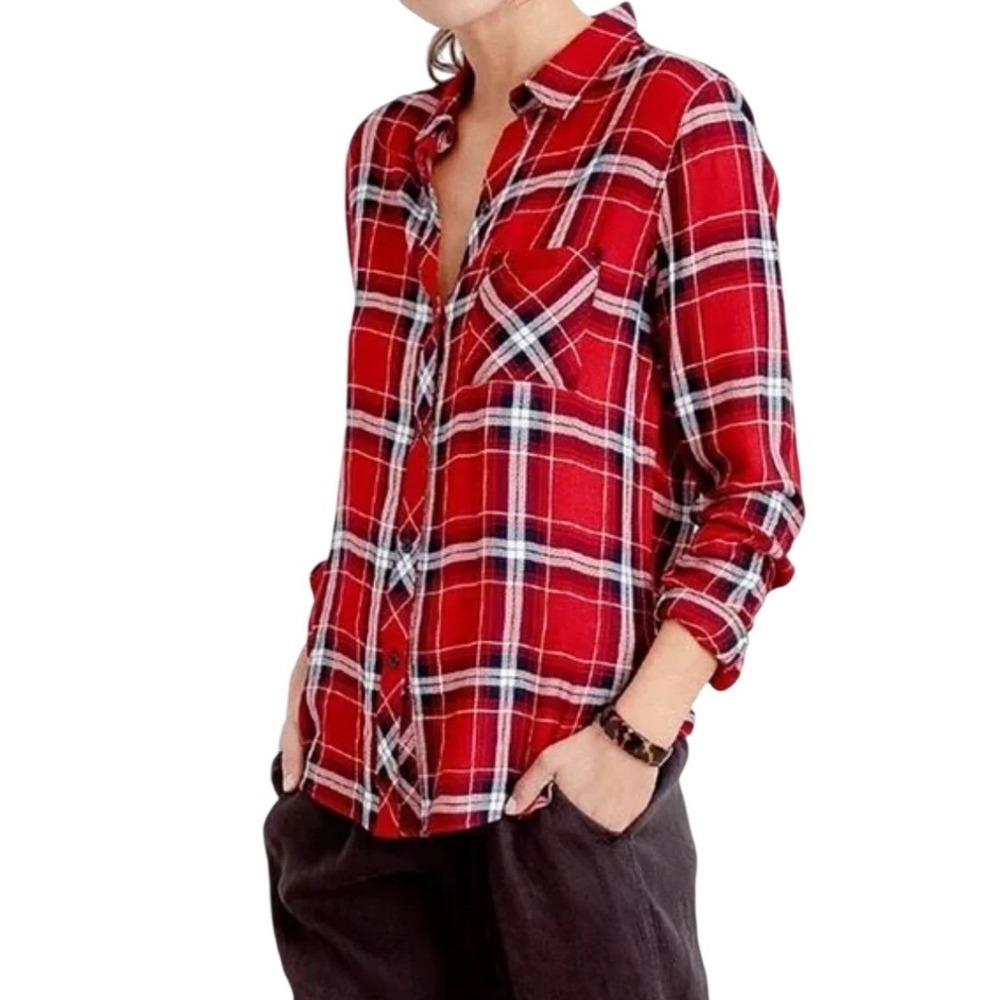 Rails Hunter Plaid Button Down Shirt‎ Crimson Navy Red White Small Rayon Top